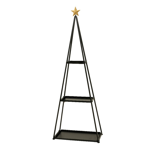 Libreria a forma di albero di natale in ferro con 3 ripiani colore nero con stella in cima, h 172 cm
