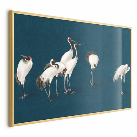 Poster - Evening at the Pond - group of cranes drawn in dry pastel on a dark turquoise background