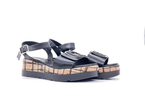 REPO Sandali donna In pelle nera con zeppa in sughero