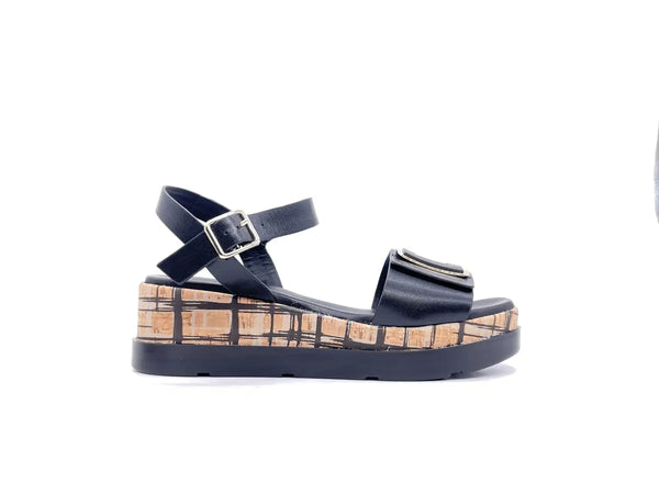 REPO Sandali donna In pelle nera con zeppa in sughero