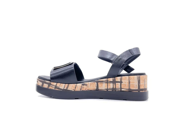 REPO Sandali donna In pelle nera con zeppa in sughero