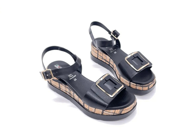 REPO Sandali donna In pelle nera con zeppa in sughero