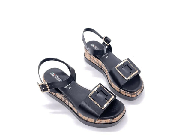 REPO Sandali donna In pelle nera con zeppa in sughero
