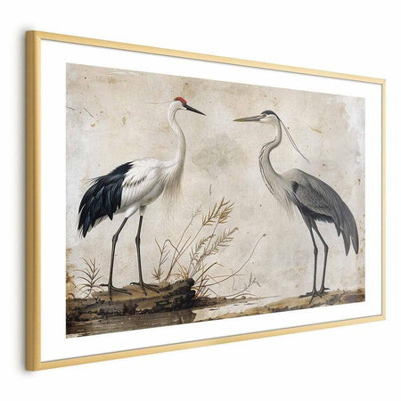 Poster - Birds from an Old Engraving - vintage-style illustration of a heron and a crane