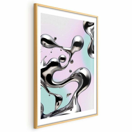 Poster - Metallic Fluidity - abstract silver forms on a mint-purple background