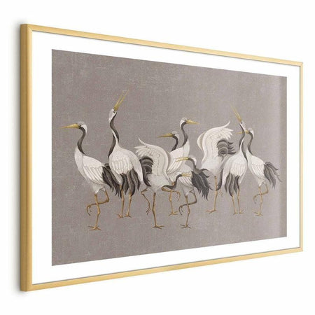 Poster - Crane Dance - light bird silhouettes on a warm-gray textured background