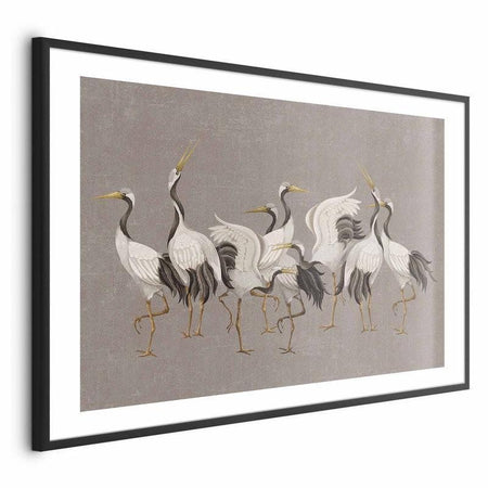 Poster - Crane Dance - light bird silhouettes on a warm-gray textured background