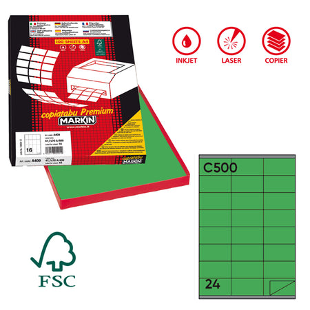 Etichetta Adesiva C/500 Verde 100Fg A4 70X36Mm (24Et/Fg Markin