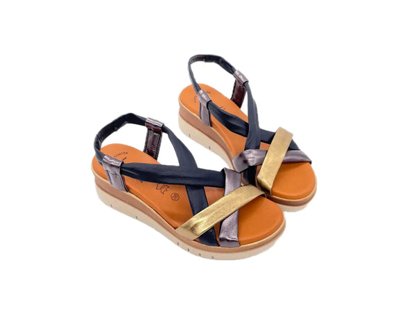 LUXDIVE Sandali donna con fasce incrociate in pelle nero bronzo fucile