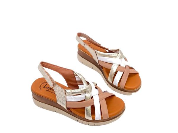 LUXDIVE Sandali donna con fascette incociate in pelle bianca cuoio e platino