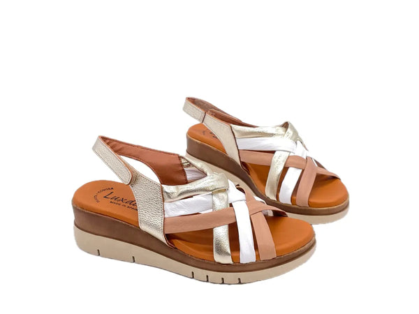 LUXDIVE Sandali donna con fascette incociate in pelle bianca cuoio e platino