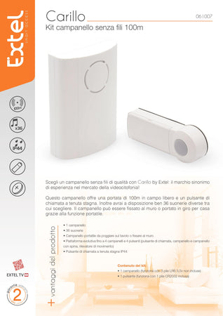 Extel Carillo campanello wireless senza fili e senza pile portata 100mt