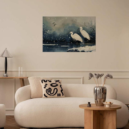 Poster - Herons over a Winter Pond - illustration in the Japanese style in dark colors