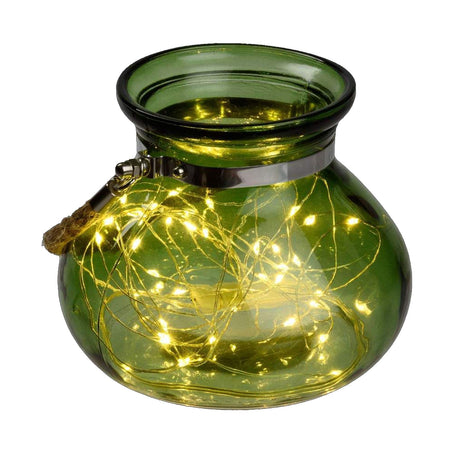 Vaso in vetro con microled a luce calda con manico in corda per decorazioni interne.