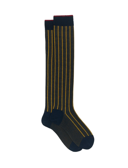 Calze lunghe uomo - Gallo - Fantasia righe - Oltremare/oro twin rib spaziata