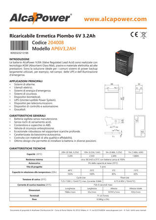 Alca Power batteria al piombo da 6V 3,2Ah ricaricabile per UPS e illuminazione di emergenza