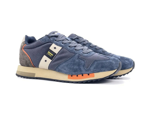 BLAUER Sneakers uomo QUEENS01 in pelle scamosciata e tessuto Navy Grey