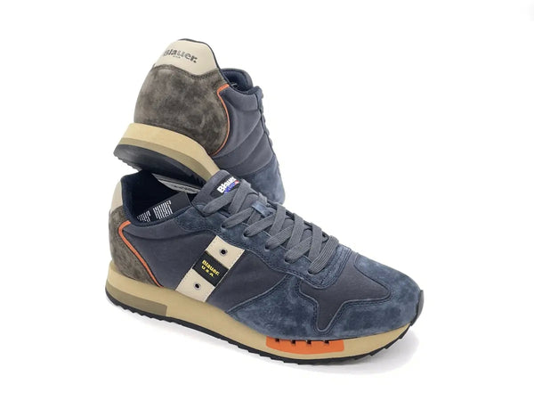 BLAUER Sneakers uomo QUEENS01 in pelle scamosciata e tessuto Navy Grey