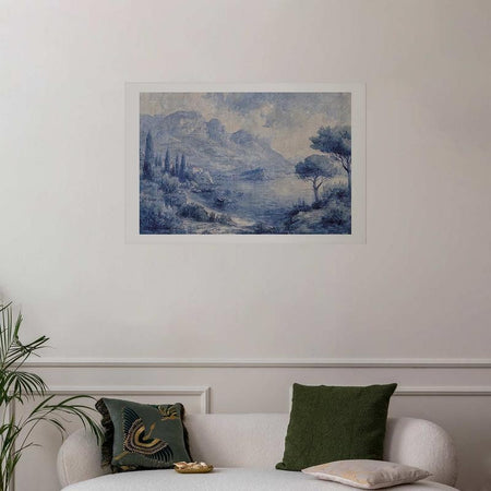 Poster - Blue Bay - Italian Landscape of Lake Como Painted in Blue Ink