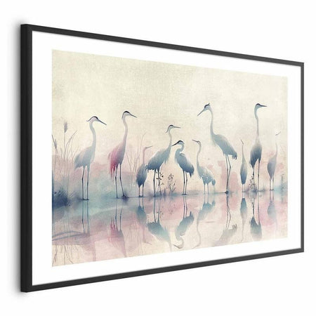 Poster - Birds by the Lake - herons painted in watercolor in a delicate, gray-pink palette