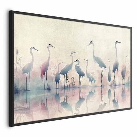 Poster - Birds by the Lake - herons painted in watercolor in a delicate, gray-pink palette