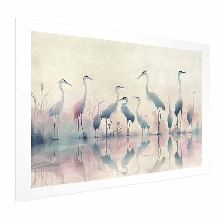 Poster - Birds by the Lake - herons painted in watercolor in a delicate, gray-pink palette