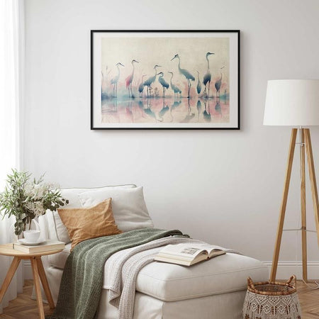 Poster - Birds by the Lake - herons painted in watercolor in a delicate, gray-pink palette