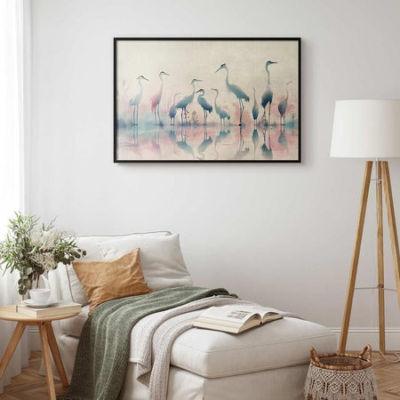 Poster - Birds by the Lake - herons painted in watercolor in a delicate, gray-pink palette