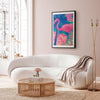 Poster - Pink Flamingo - abstract flamingo against a background of palm trees and ice cubes