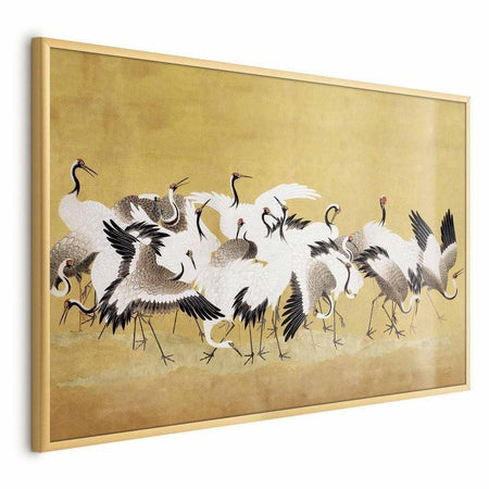 Poster - Japanese Cranes - a flock of birds against a golden background based on the painting of Ishida Yūtei