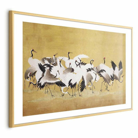Poster - Japanese Cranes - a flock of birds against a golden background based on the painting of Ishida Yūtei