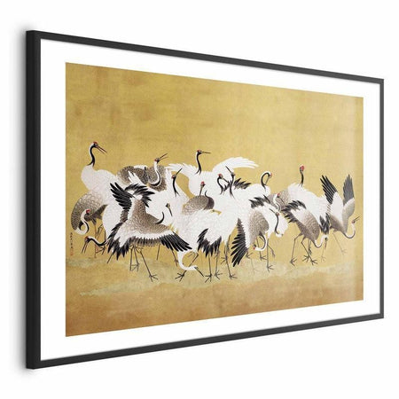 Poster - Japanese Cranes - a flock of birds against a golden background based on the painting of Ishida Yūtei