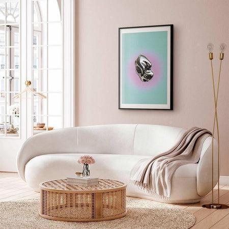 Poster - Metallic Form - abstract sculpture on a mint background with a purple halo