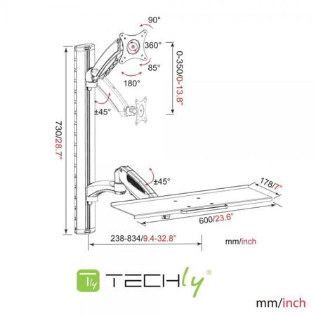 Postazione di lavoro a parete con supporto monitor e ripiano tastiera estensibile