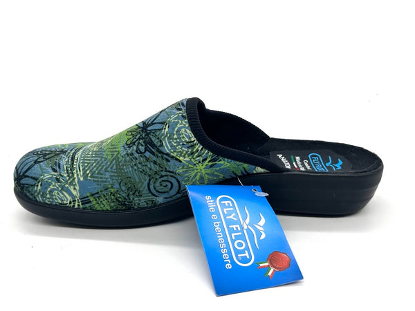 FLY FLOT Ciabatte donna in tessuto verde disegnato con fondo anatomico