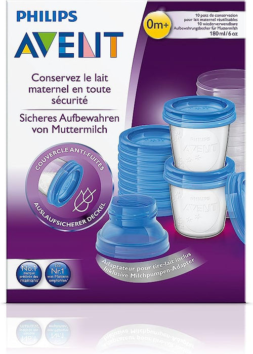 SCF618/10 - Philips Avent Set Vasetti per Conservare il Latte Materno e le Pappe 10 pezzi, 180ml + 2 Adattatori