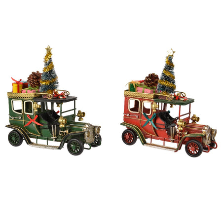 Macchina natalizia in ferro con albero, pigna e regali, decorazione per villaggio di Natale da 17 cm