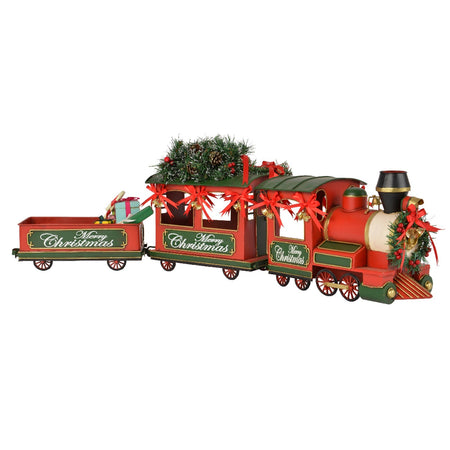 Trenino natalizio in ferro con 2 vagoni e fiocchi decorazione per villaggio di Natale da 92 cm