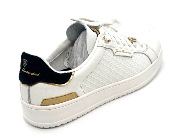 LAMBORGHINI Sneakers tennis in pelle bianca e oro