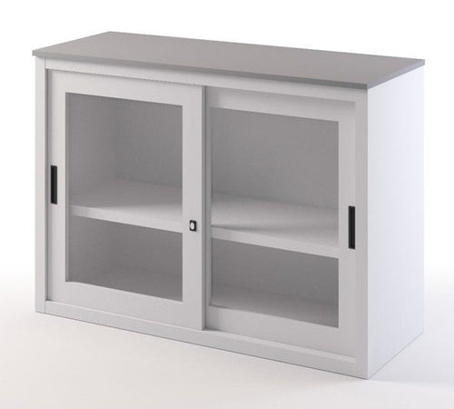 Sopralzo in metallo con top in legno e ante scorrevoli in vetro per ufficio cm. 120x45x87H