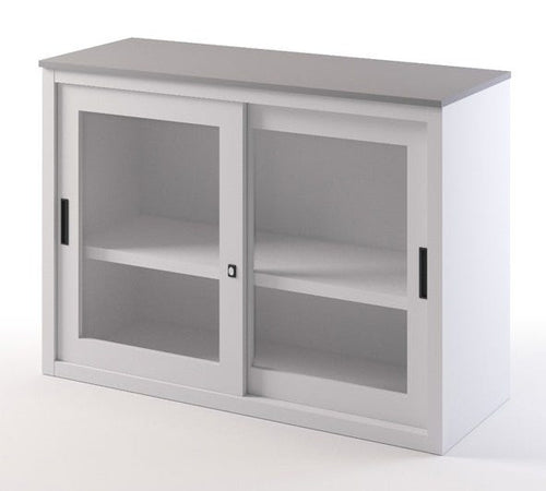 Sopralzo in metallo con top in legno e ante scorrevoli in vetro per ufficio cm. 120x45x87H