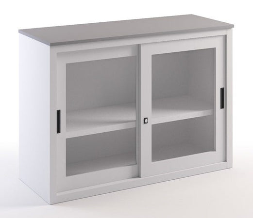 Sopralzo in metallo con top in legno e ante scorrevoli in vetro per ufficio cm. 120x45x87H