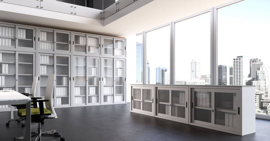 Sopralzo in metallo con top in legno e ante scorrevoli in vetro per ufficio cm. 120x45x87H