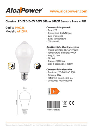 Alca Power A60 10W 220V 900LM 4000K E27 lampada classica a led PIR