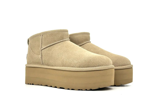 UGG stivaletti donna scamosciati beige platform foderati lana suola spessa