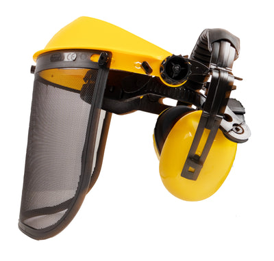 Visiera protettiva gialla con schermo in rete e cuffie