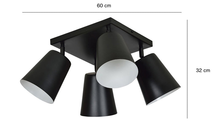 Plafoniera A Faretti 4 Luci Prism Con Coni In Acciaio Nero E Bianco Interno