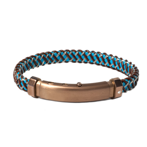 BORSARI - BRACCIALE IN PELLE INTRECCIATA AZZ./MARR. CHIUSURA ACCIAIO PVD E DIAMANTE