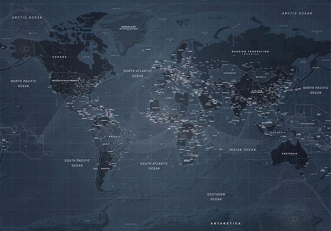 Carta da parati - World map in blue - continents with inscriptions in English