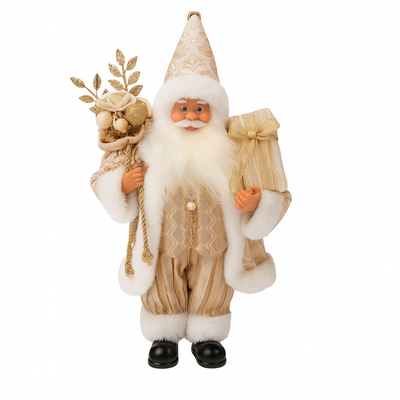 Babbo Natale decorativo in tessuto colore oro con luci Led per decorazioni natalizie